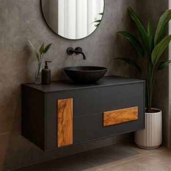 Mobile bagno moderno laccato dettagli in legno d'ulivo