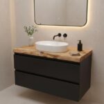 Mobile Bagno Laccato Nero Opaco con Top in Ulivo Massello