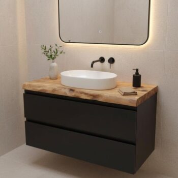 Mobile Bagno Laccato Nero Opaco con Top in Ulivo Massello